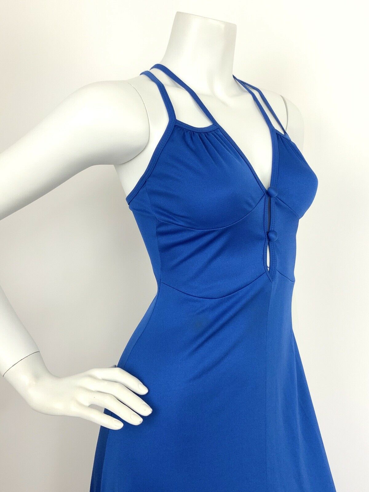 VINTAGE 60s 70s COBALT BLUE SPAGHETTI STRAP CROSS HATCH ELEGANT MAXI DRESS 6