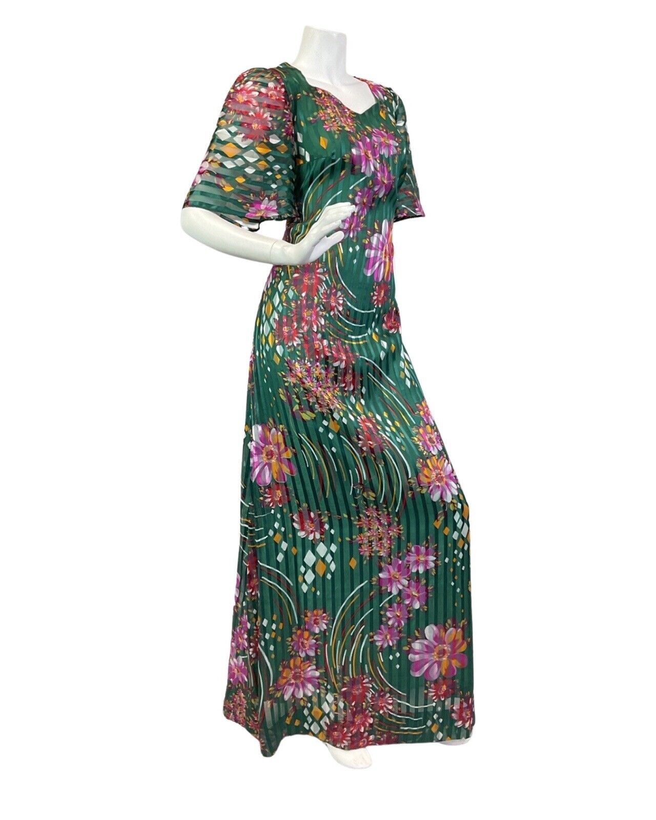 VINTAGE 60s 70s GREEN PURPLE ORANGE FLORAL STRIPED SHEER SUMMER MAXI DRESS 10 12