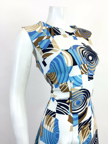 VTG 60s 70s WHITE BLUE BROWN GEOMETRIC PSYCHEDELIC SWIRL MOD SLEEVELESS DRESS 16