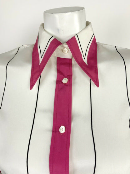 VINTAGE 60s 70s WHITE BLACK PINK STRIPED HORSES DAGGER COLLAR SHIRT 8 10