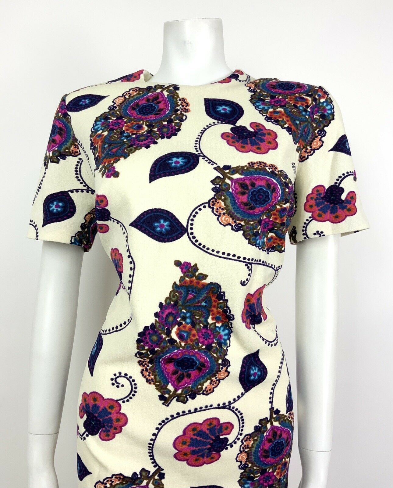 VTG 60s 70s CREAM PINK PURPLE BLUE FLORAL PAISLEY PSYCHEDELIC SHIFT DRESS 12 14