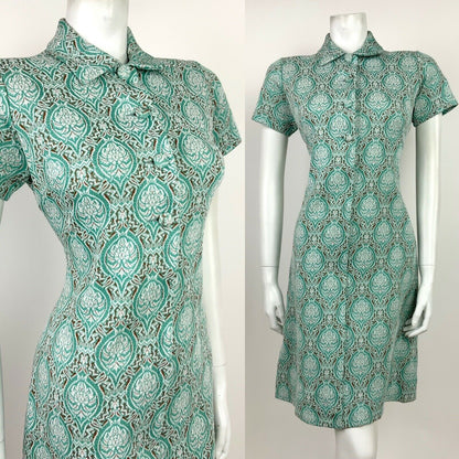 VTG 60s 70s MINT GREEN WHITE BROWN DAMASK ART NOUVEAU FLORAL COLLAR DRESS 12 14