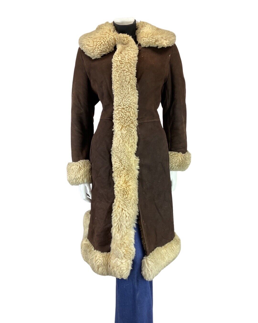 VINTAGE 60s 70s DARK BROWN CREAM MOD PRINCESS SUEDE SHEARLING COAT 10 12