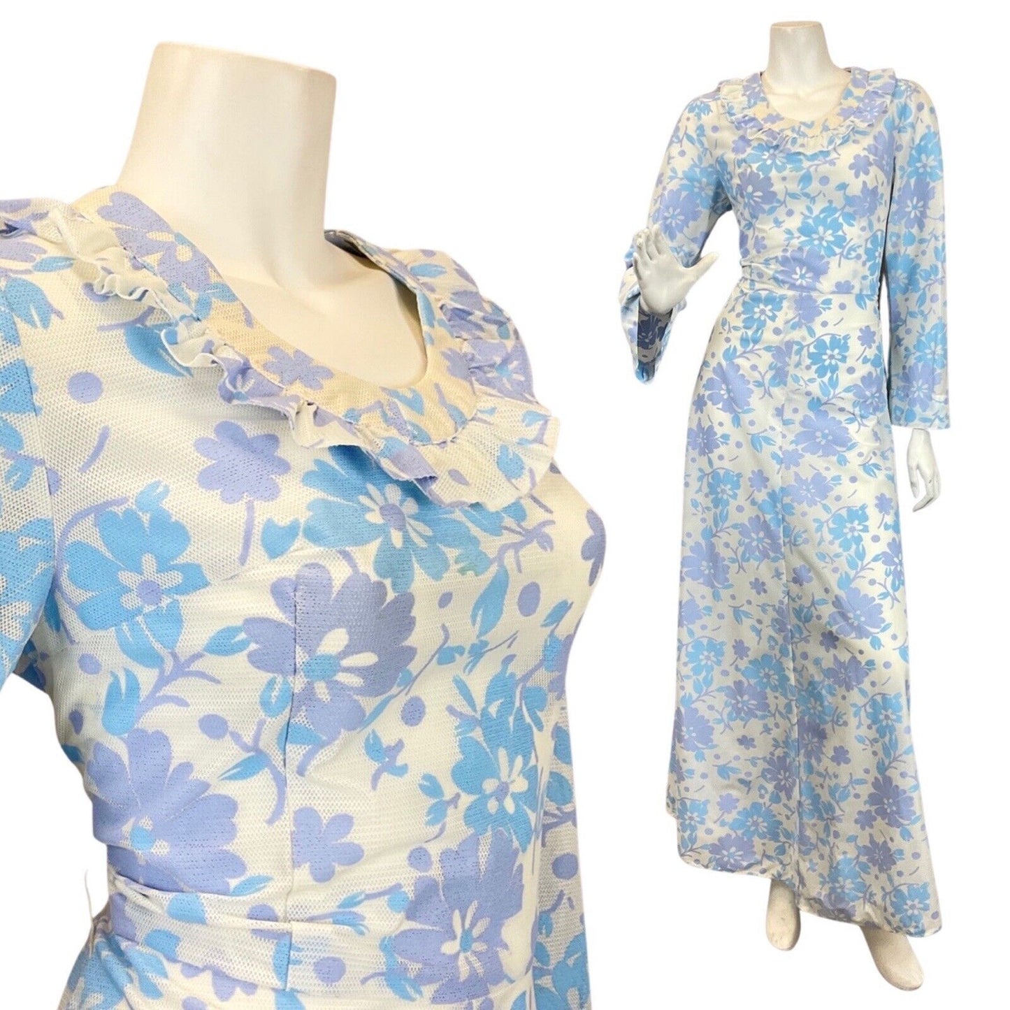 VINTAGE 60s 70s BLUE LILAC WHITE FLORAL RUFFLED MOD LONGSLEEVE MAXI DRESS 8 10