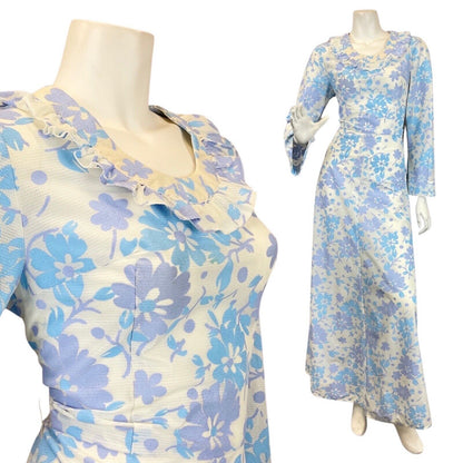 VINTAGE 60s 70s BLUE LILAC WHITE FLORAL RUFFLED MOD LONGSLEEVE MAXI DRESS 8 10