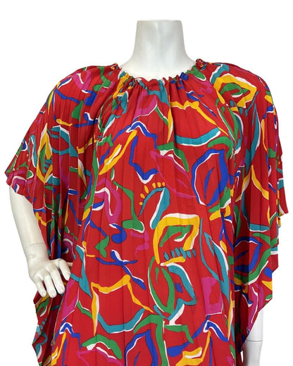 VINTAGE 60s 70s RED BLUE YELLOW ABSTRACT LEAFY PLEATED KAFTAN MAXI DRESS 12 14