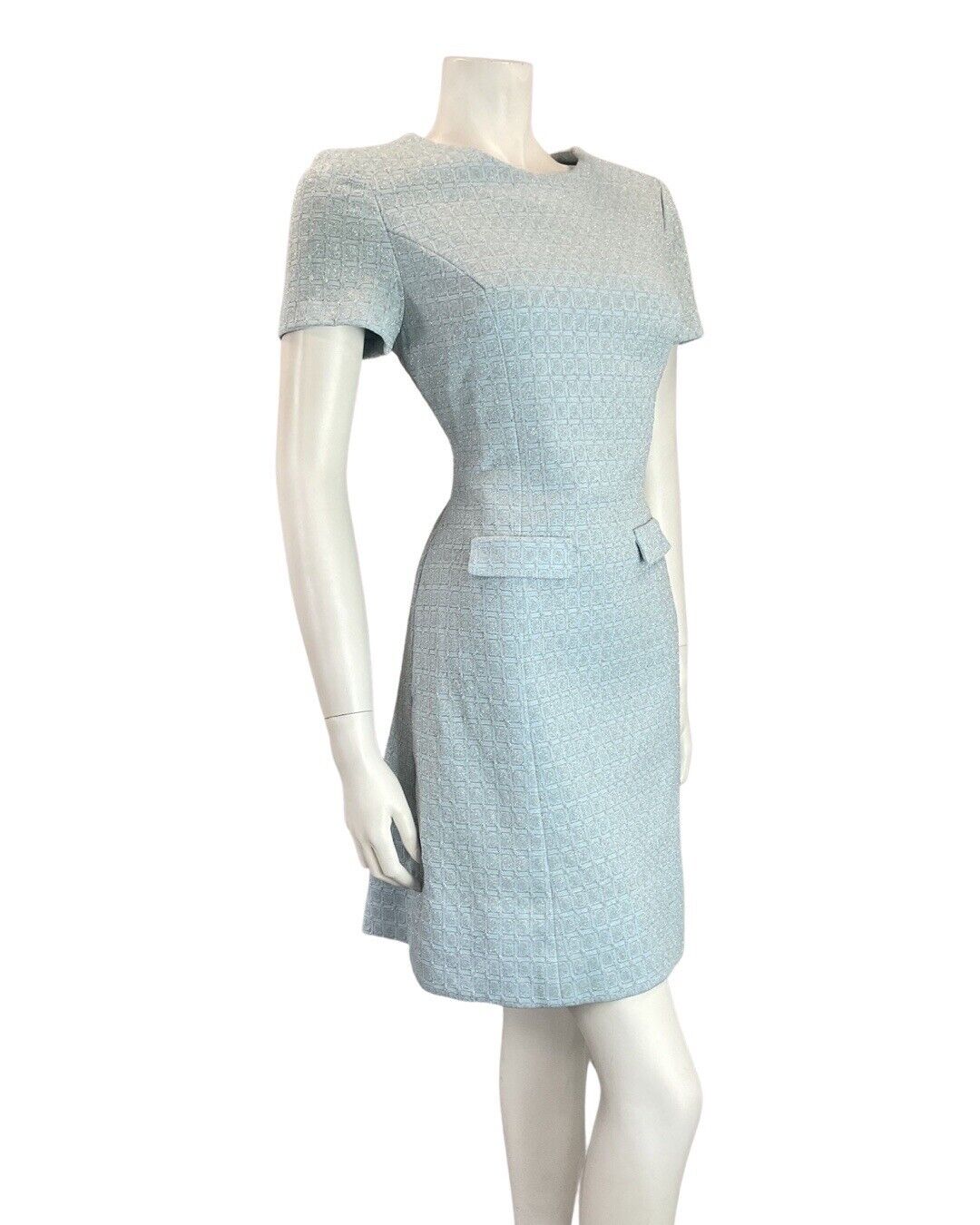 VINTAGE 60s 70s BABY BLUE SILVER GEOMETRIC CHECKED MOD PARTY SHORT DRESS 14