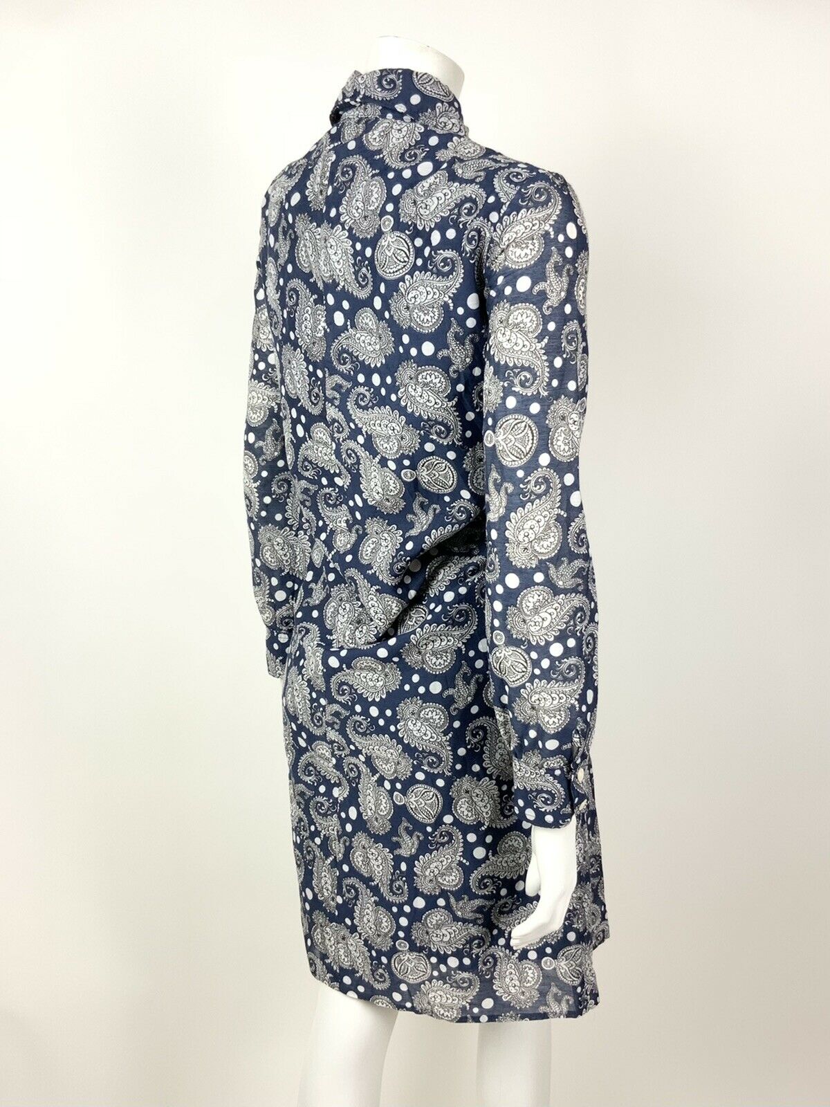 VTG 60s 70s NAVY BLUE WHITE FLORAL PAISLEY MOD DAGGER COLLAR SHIRT DRESS 12 14