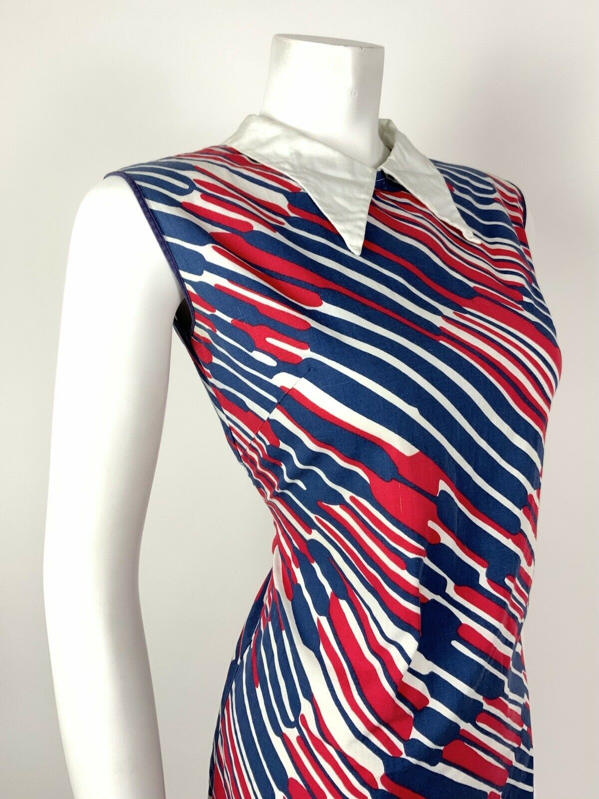 VINTAGE 60s 70s BLUE RED WHITE STRIPED DAGGER COLLAR MOD MINI SHIFT DRESS 8 10