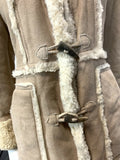 VTG 60s 70s BEIGE CREAM SHEARLING SHEEPSKIN HOODED TOGGLE BOHO MOD COAT 12 14