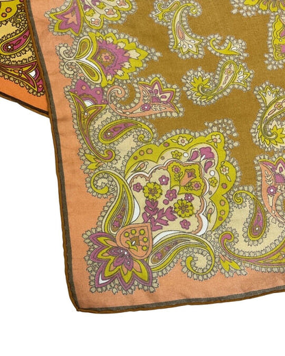 VINTAGE 60s 70s GOLD ORANGE PAISLEY FLORAL MANDALA LARGE SILK SCARF