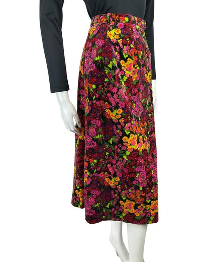 VINTAGE 60s 70s PINK YELLOW BLACK FLOWER POWER VELVET MIDI SKIRT 8 10