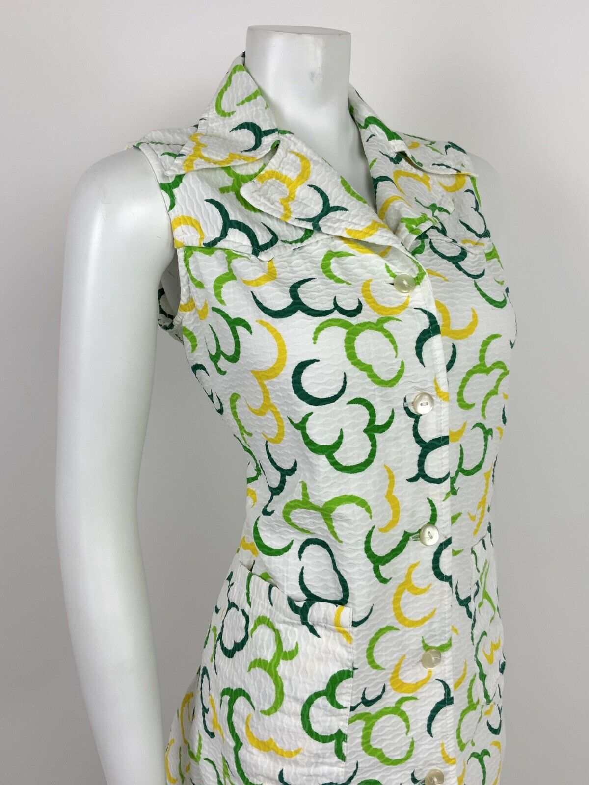 VINTAGE 60s 70s WHITE LIME FOREST GREEN YELLOW CRESCENT MOON COLLAR DRESS 12 14