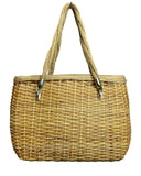 VINTAGE 70s BROWN CREAM RATTAN WICKER BOHO BASKET SHOULDER BAG