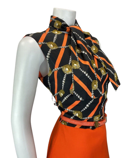 VINTAGE 60s 70s ORANGE BLACK STRIPED BELTED MOD PUSSYBOW SLEEVELESS MOD DRESS 12