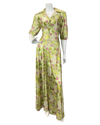 VINTAGE 60s 70s LIME GREEN PINK WHITE PSYCHEDELIC FLORAL COLLAR MAXI DRESS 10