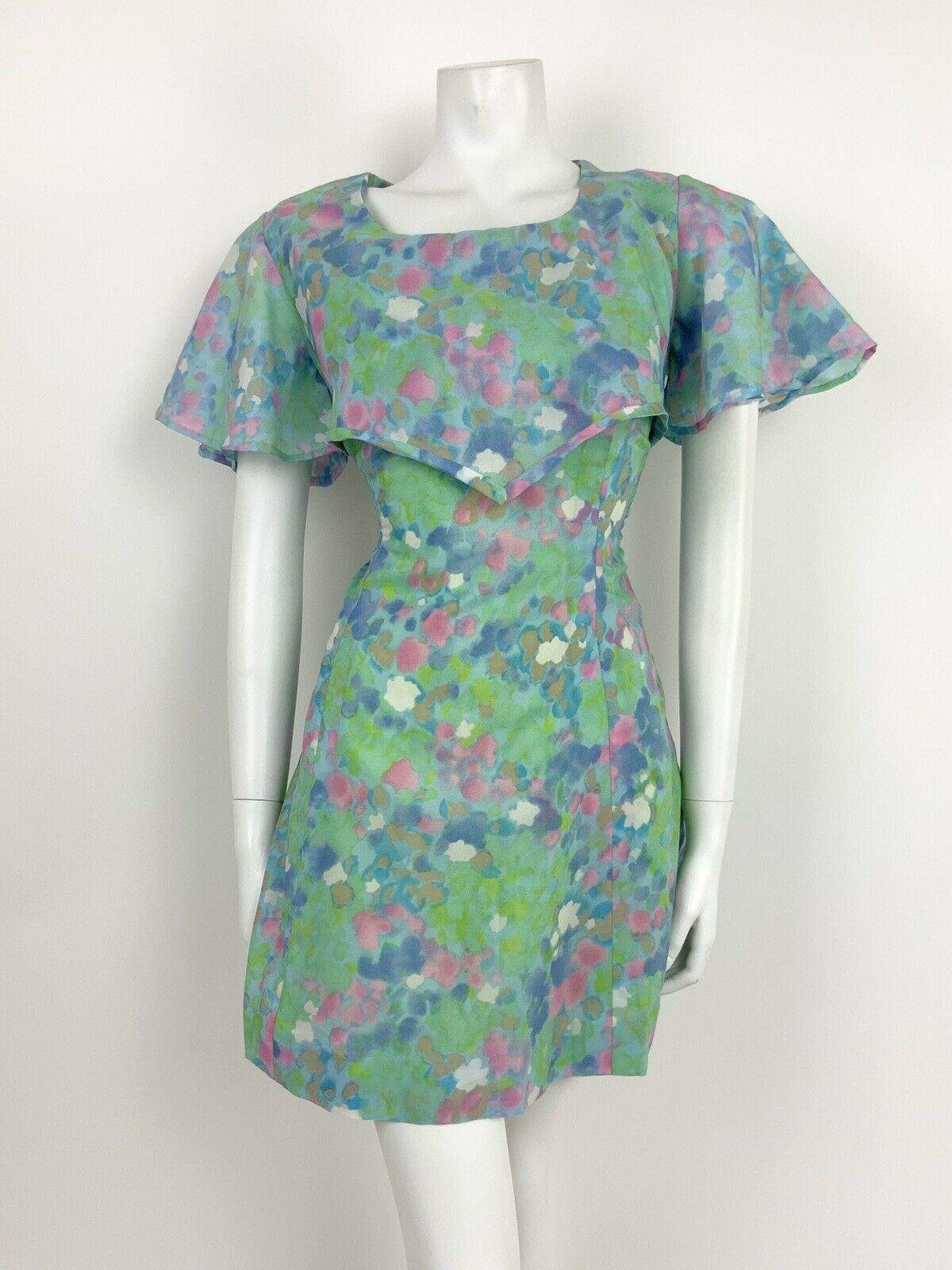 VINTAGE 60s 70s BLUE WHITE PINK GREEN FLORAL FLUTTER SLEEVE CAPE DRESS 12