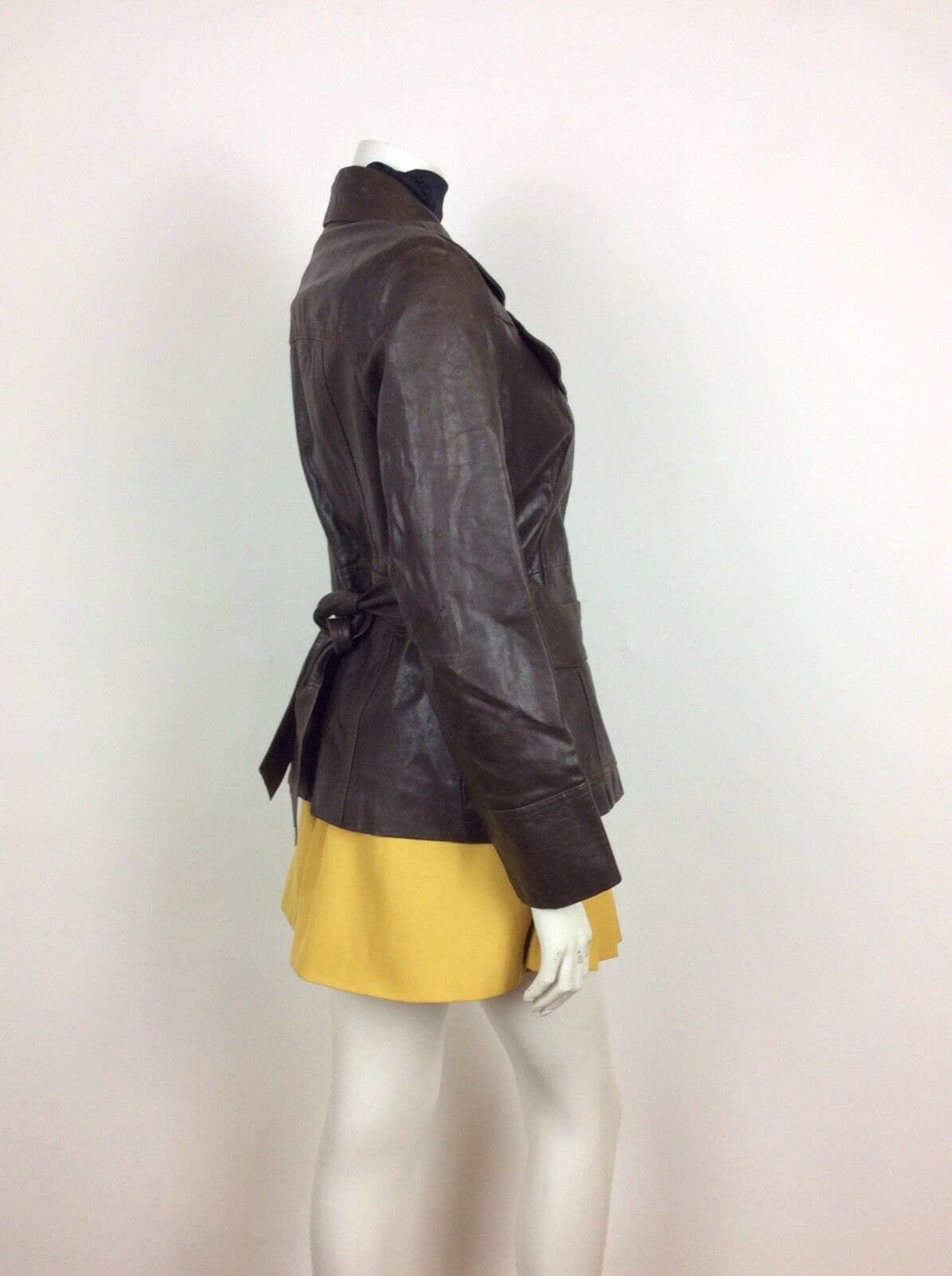 VTG 60s 70s DARK BROWN CHESTNUT LEATHER BELTED JACKET OVERSIZED COLLAR 10 12