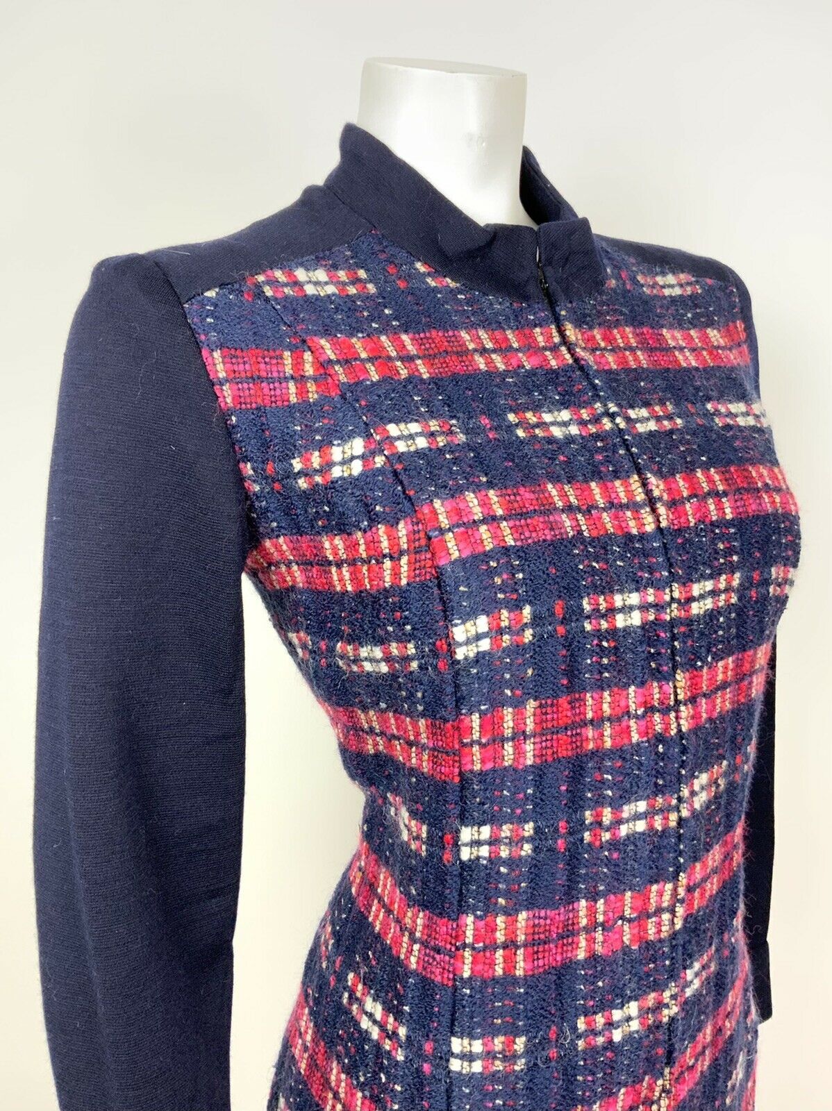 VINTAGE 60s 70s NAVY BLUE RED WHITE PLAID STRIPED MOD WOOL DRESS 8 10