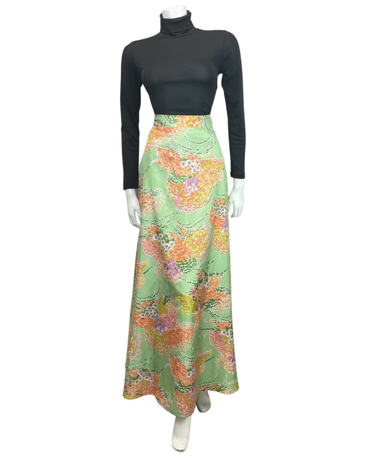 VINTAGE 60s 70s GREEN ORANGE LILAC FLORAL DITSY MOD BOHO MAXI SKIRT 10 12