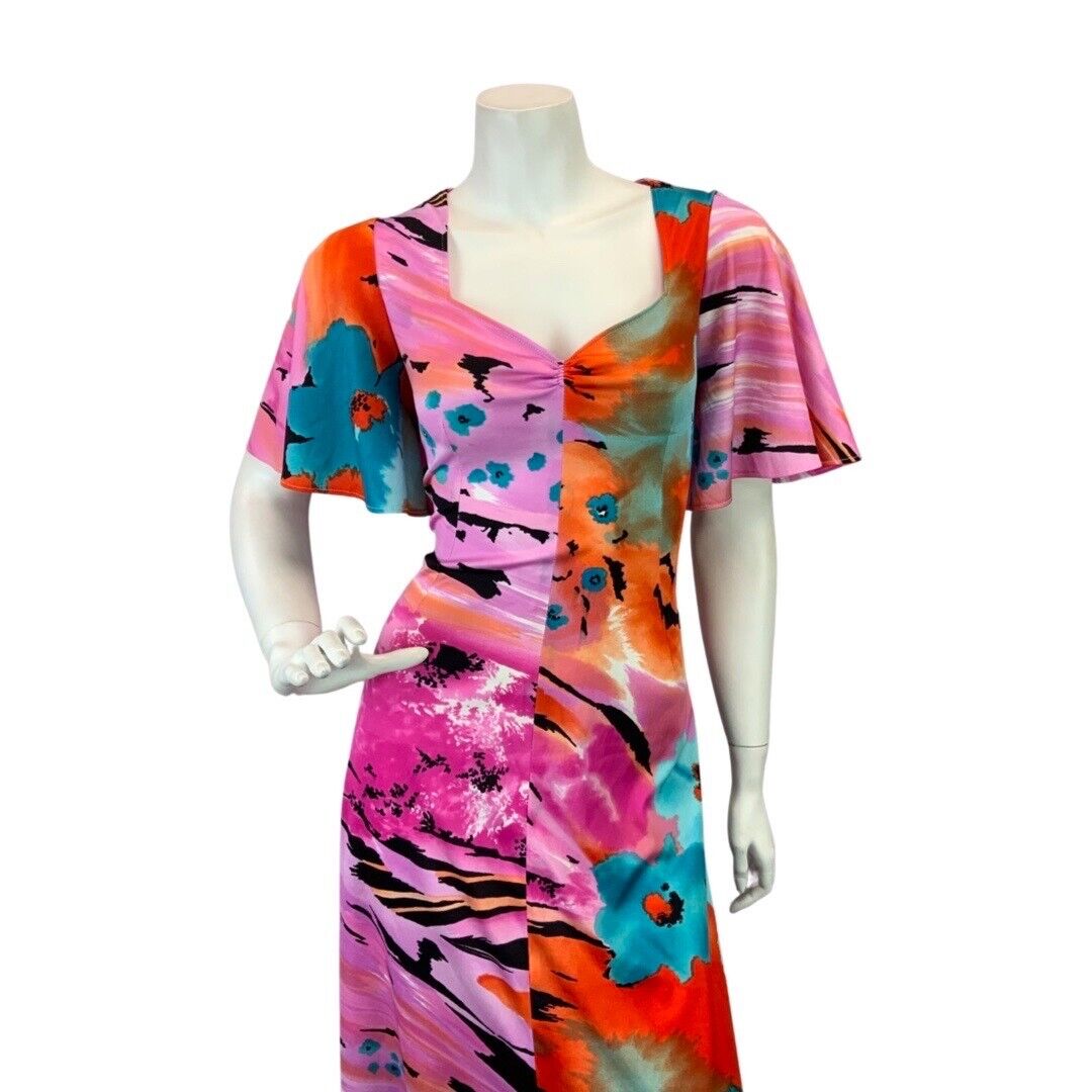 VINTAGE 60s 70s PINK ORANGE BLACK ABSTRACT FLORAL BEACH SUMMER MAXI DRESS 10