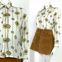 VTG 60s 70s WHITE BROWN BLACK OLIVE AZTEC GEOMETRIC DAGGER COLLAR SHIRT 12 14