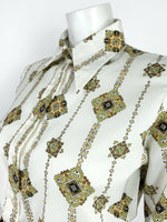 VTG 60s 70s WHITE BROWN BLACK OLIVE AZTEC GEOMETRIC DAGGER COLLAR SHIRT 12 14