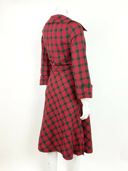 VINTAGE 60s 70s RED GREEN TARTAN CHECKED WINGED COLLAR PLAID FLARED DRESS 8 10