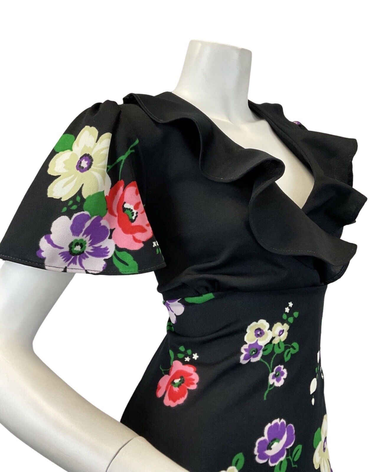 VINTAGE 60s 70s BLACK WHITE PURPLE RED FLORAL RUFFLED MOD MAXI DRESS 14 16