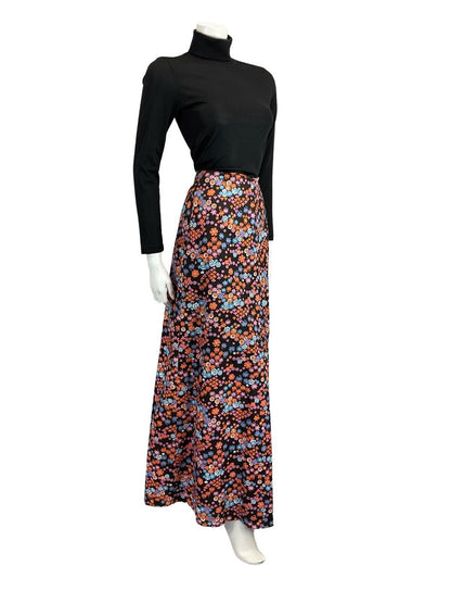 VTG 60s 70s BLACK PINK ORANGE BLUE FLORAL DAISY PRINT BOHO FOLK MAXI SKIRT 12