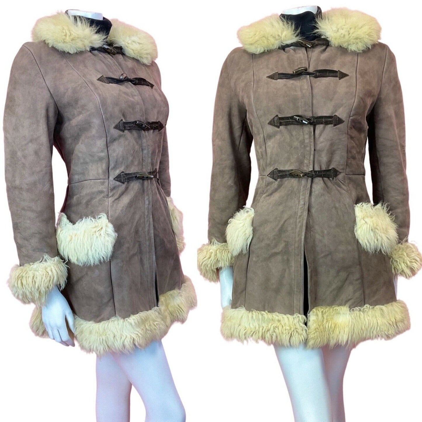 VINTAGE 60s 70s PEANUT BROWN CREAM SUEDE LEATHER BOHO SHEARLING COAT 10 12