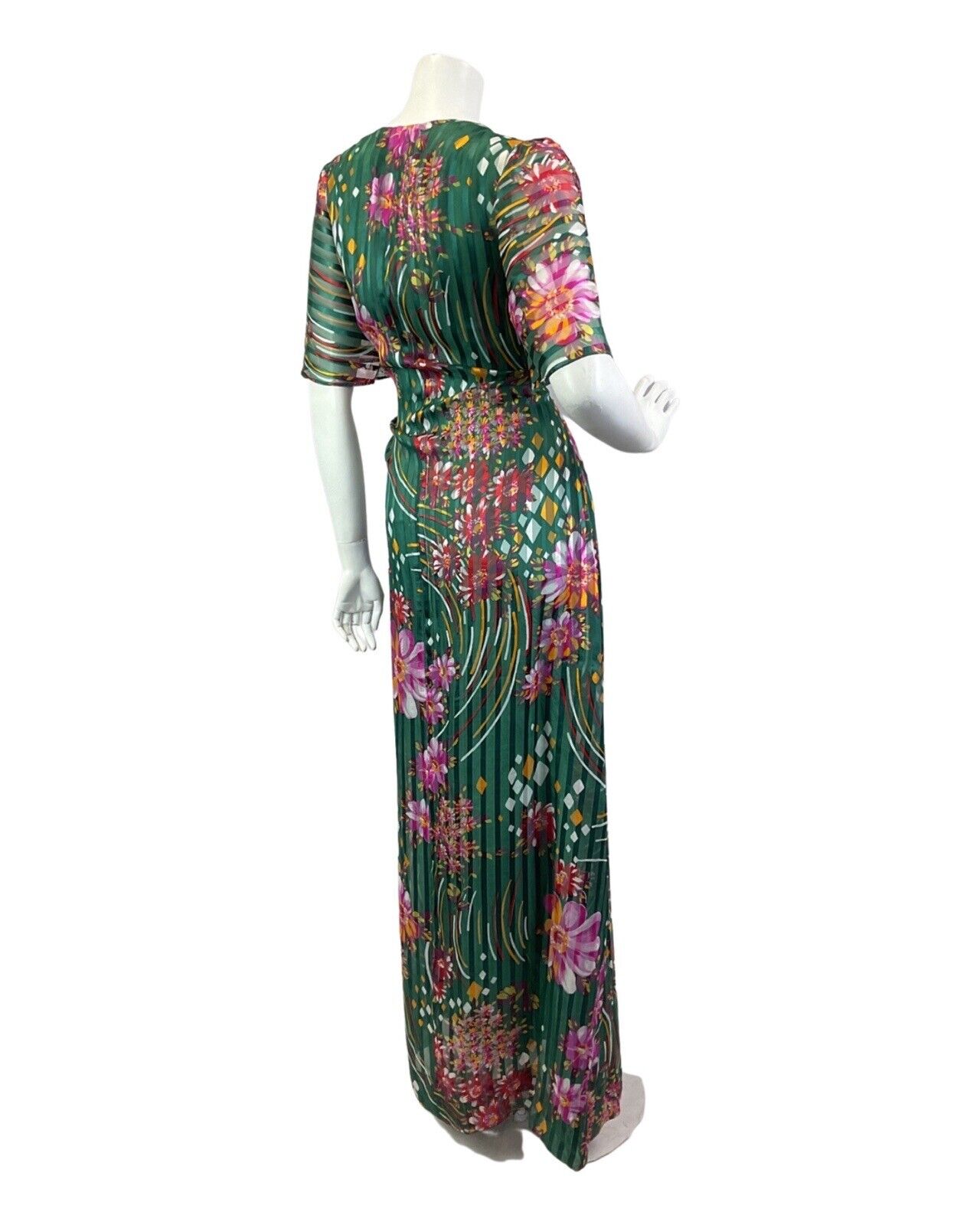 VINTAGE 60s 70s GREEN PURPLE ORANGE FLORAL STRIPED SHEER SUMMER MAXI DRESS 10 12