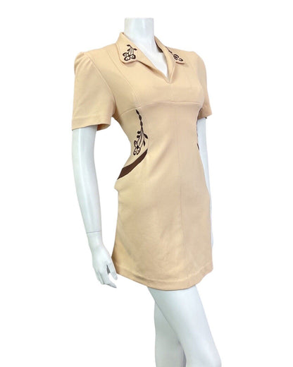 VINTAGE 60s 70s CREAM BROWN FLORAL EMBROIDERED MOD SHORT MINI DRESS 10 12