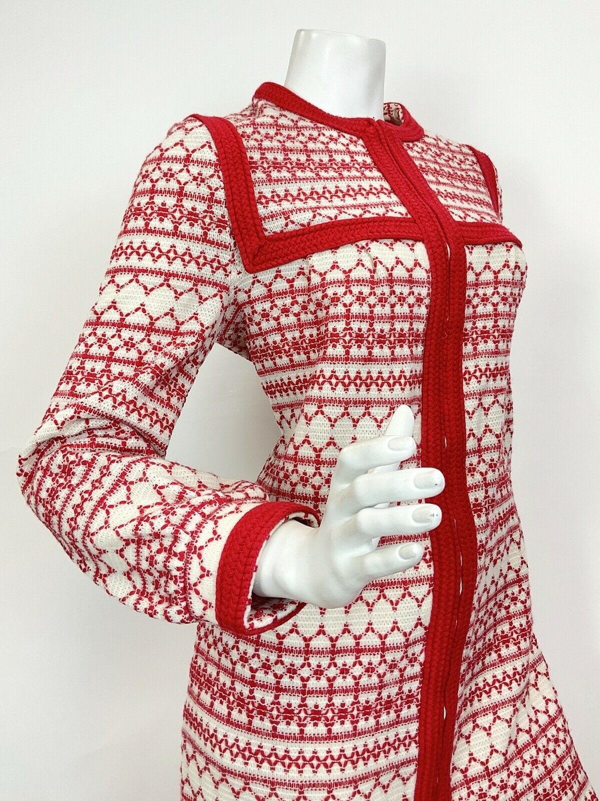 VINTAGE 60s 70s WHITE RED NORDIC SWEDISH GEOMETRIC KNITTED MAXI DRESS 12 14