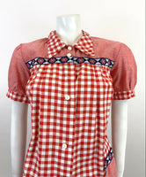 VTG 60s 70s RED WHITE BLUE GINGHAM FLORAL PUFF SLEEVE WESTERN MOD BLOUSE 14 16