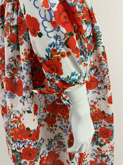 VINTAGE 60s 70s WHITE BLUE GREEN RED FLORAL POPPY DAGGER SHIRT DRESS 10