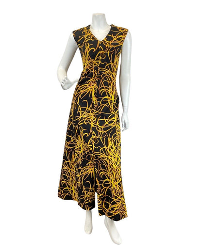 VTG 60s 70s BLACK YELLOW ORANGE FLAMES PSYCHEDELIC SLEEVELESS MAXI DRESS 14 16