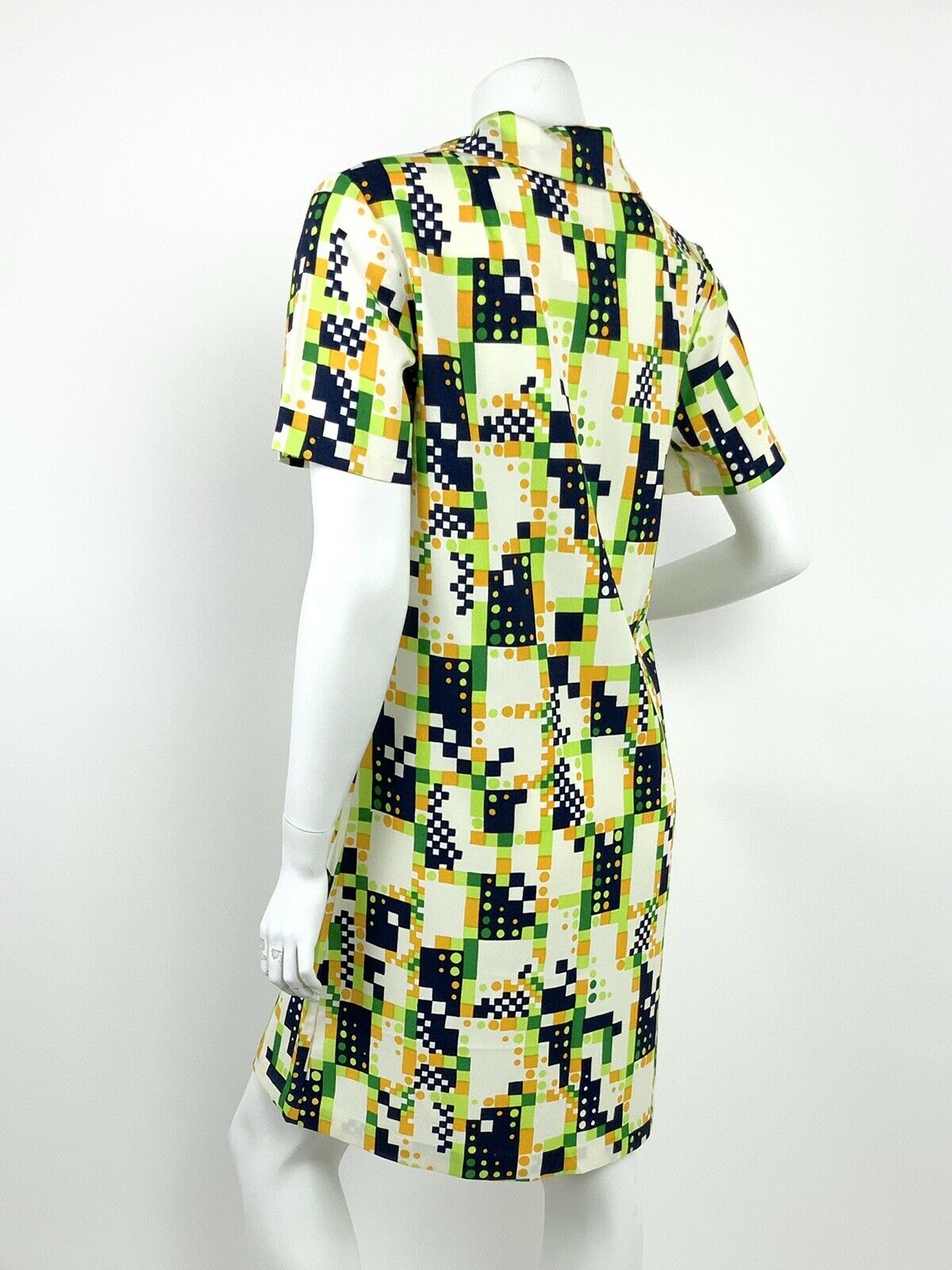 VINTAGE 60s 70s CREAM LIME GREEN BLUE ORANGE GEOMETRIC PIXEL SHIRT DRESS 10 12