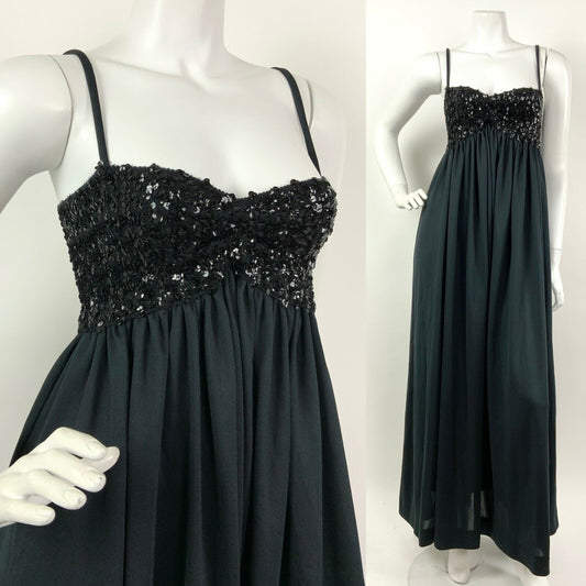 VINTAGE 60s 70s BLACK SEQUIN DISCO GLAM STUDIO 54 STRAPPY MAXI DRESS 4 6