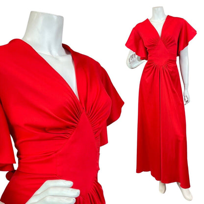 VINTAGE 60s 70s BRIGHT RED CAPE SLEEVE ELEGANT GOWN MAXI DRESS 10 12