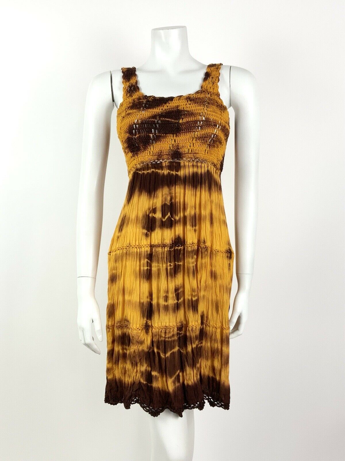 VINTAGE 60s 70s YELLOW BROWN CROCHETED TIE-DYE SUMMER SLEEVELESS BOHO DRESS 8