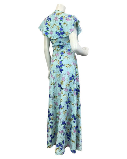 VINTAGE 60s 70s BLUE GREEN PINK DITSY FLOWER CAPE SLEEVE SUMMER MAXI DRESS 8 10