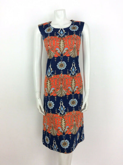 VTG 60s 70s FLORAL ROPE NAUTICAL NAVY BLUE ORANGE RED BROWN SHIFT DRESS 14 16