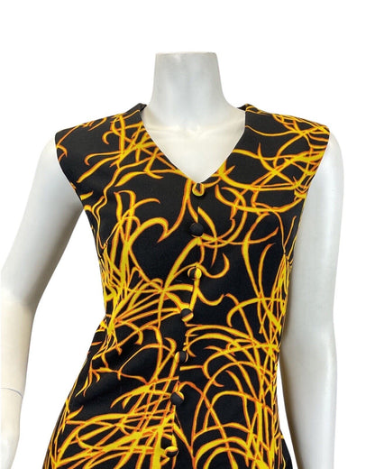 VTG 60s 70s BLACK YELLOW ORANGE FLAMES PSYCHEDELIC SLEEVELESS MAXI DRESS 14 16