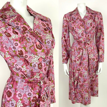 VTG 60s 70s PINK PURPLE GREEN WHITE FLORAL ROSE PSYCHEDELIC SHIRT DRESS 10 12