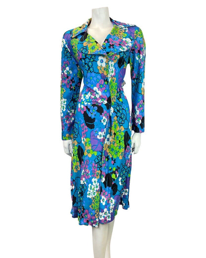 VINTAGE 60s 70s BLUE GREEN BLACK FLORAL PSYCHEDELIC HOUSECOAT WRAP DRESS 12 14