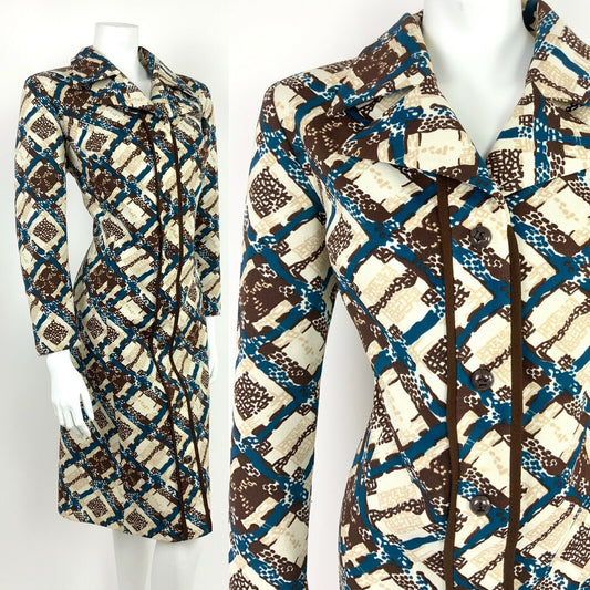 VINTAGE 60s 70s WHITE BROWN BLUE BEIGE GEOMETRIC PLAID SHIRT DRESS 14 16