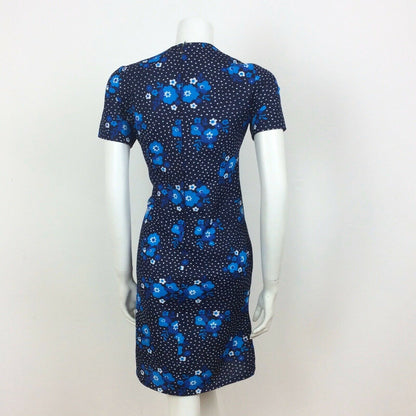 60S VINTAGE NAVY BLUE WHITE FLOWER DAISY PRINT PSYCHEDELIC DRESS 12 14