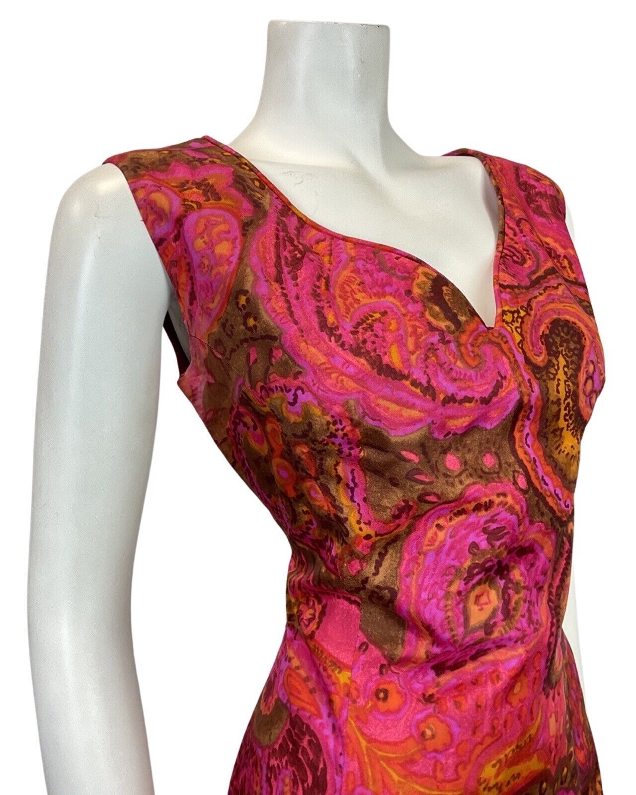 VINTAGE 60s 70s PINK PURPLE ORANGE PSYCHEDELIC FLORAL PAISLEY WIGGLE DRESS 12 14