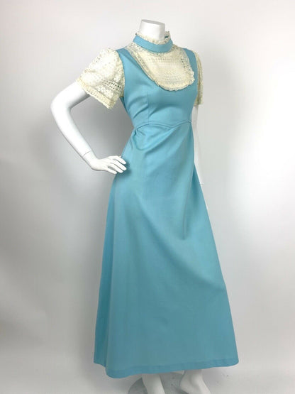 VTG 60s 70s BABY BLUE CREAM LACE PRAIRIE FOLK MAXI DRESS 12